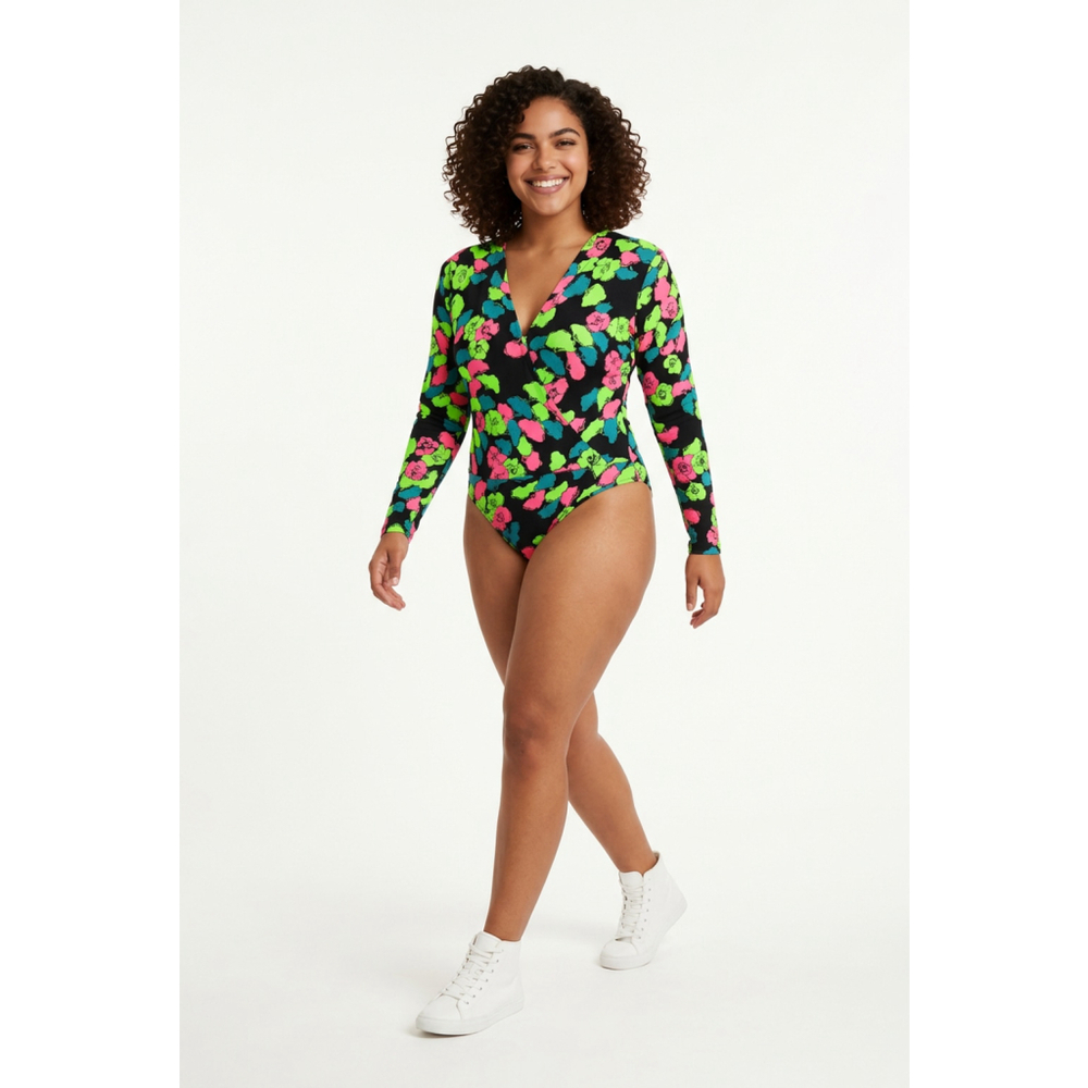 Womens ZARA Black Neon Floral Lg Sleeve Bodysuit Top XS Retro Y2K Funky Playful‎